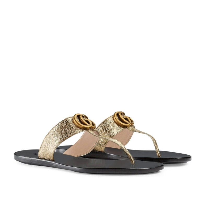 Gucci Double G Thong Leather Metallic Gold 497444 0B7N0 7100