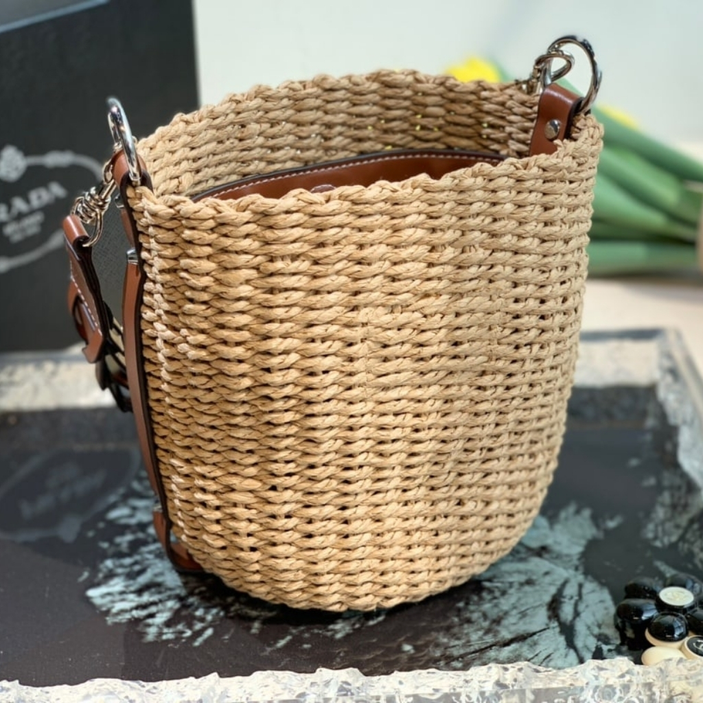 Prada Raffia Woven Bucket Bag Natural 21cm - Image 3