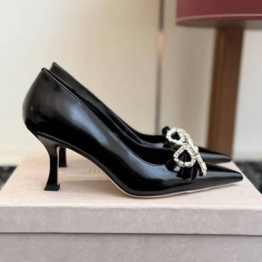 Jimmy Choo Auria 70 Soft Spazzolato Pumps with Velvet and Crystal Bow Black AURIA70BSV - Image 2