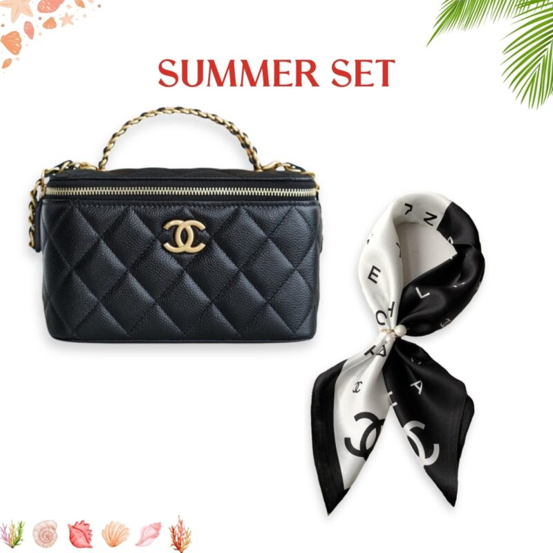 Summer Set: Chanel Small Vanity Case Ss22 Black And Multi Letters Square Silk Scarf Black White