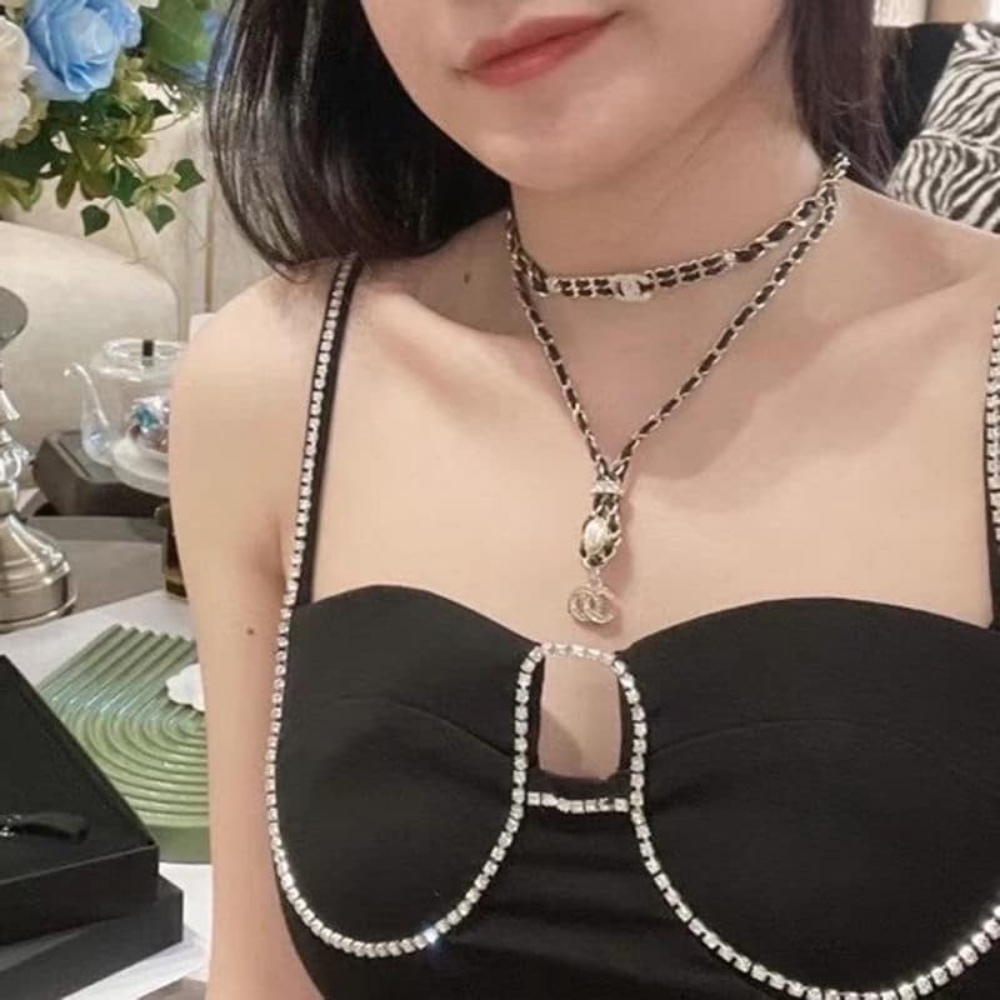 Chanel CC Necklace Leather Chain Pearl Crystal Drop Choker Gold Tone Black - Image 8