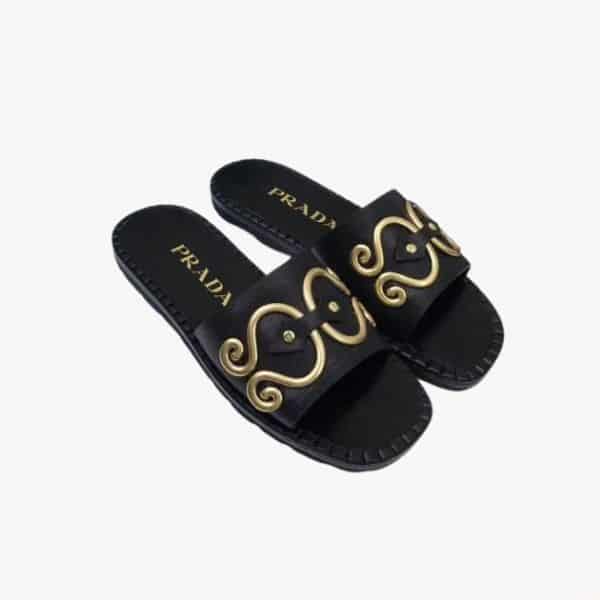 Prada Gold Metal Slippers Black