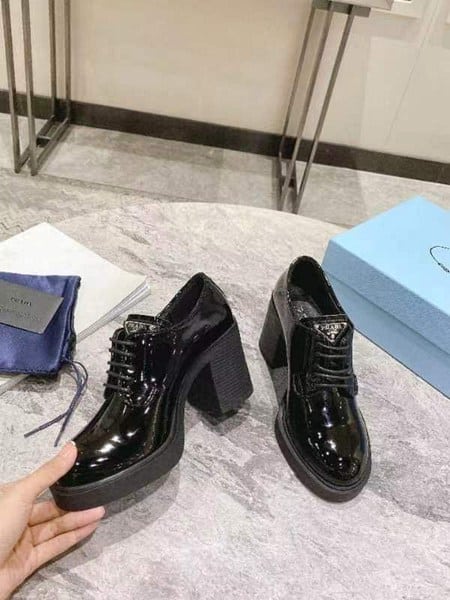 Alternative view of Prada Heeled Brushed Leather Lace-Ups Shiny Black