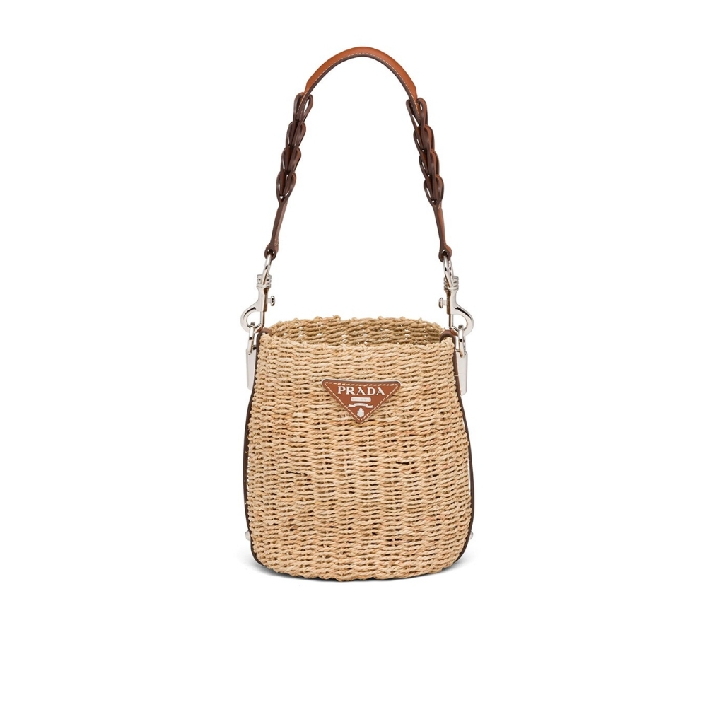 Prada Raffia Woven Bucket Bag Natural 21cm