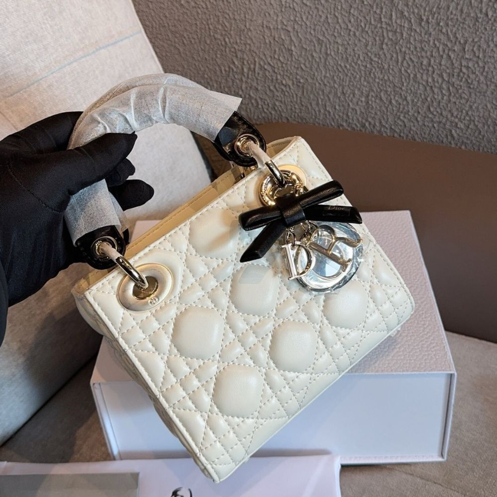 Dior Mini Lady Dior Bag With Chain White and Black 17Cm M0505PUQC M06E - Image 3