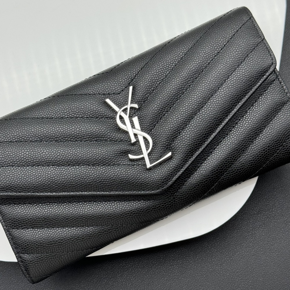 Saint Laurent Cassandre Matelassé Large Flap Wallet In Grain De Poudre Leather Silver Black 19Cm 372264BOW021000 - Image 3