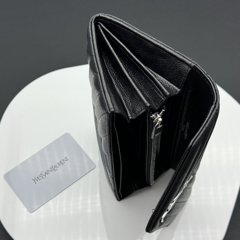 Saint Laurent Cassandre Matelassé Large Flap Wallet In Grain De Poudre Leather Silver Black 19Cm 372264BOW021000 - Image 7