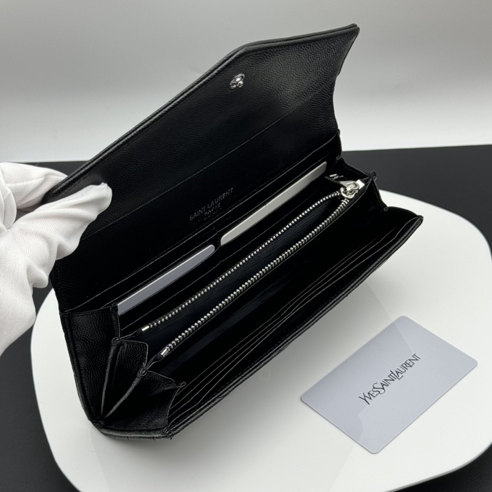 Saint Laurent Cassandre Matelassé Large Flap Wallet In Grain De Poudre Leather Silver Black 19Cm 372264BOW021000 - Image 9