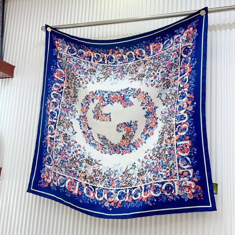 Alternative view of Gucci Interlocking G Floral Print Silk Carré Navy And Red 783157 3G001 4174