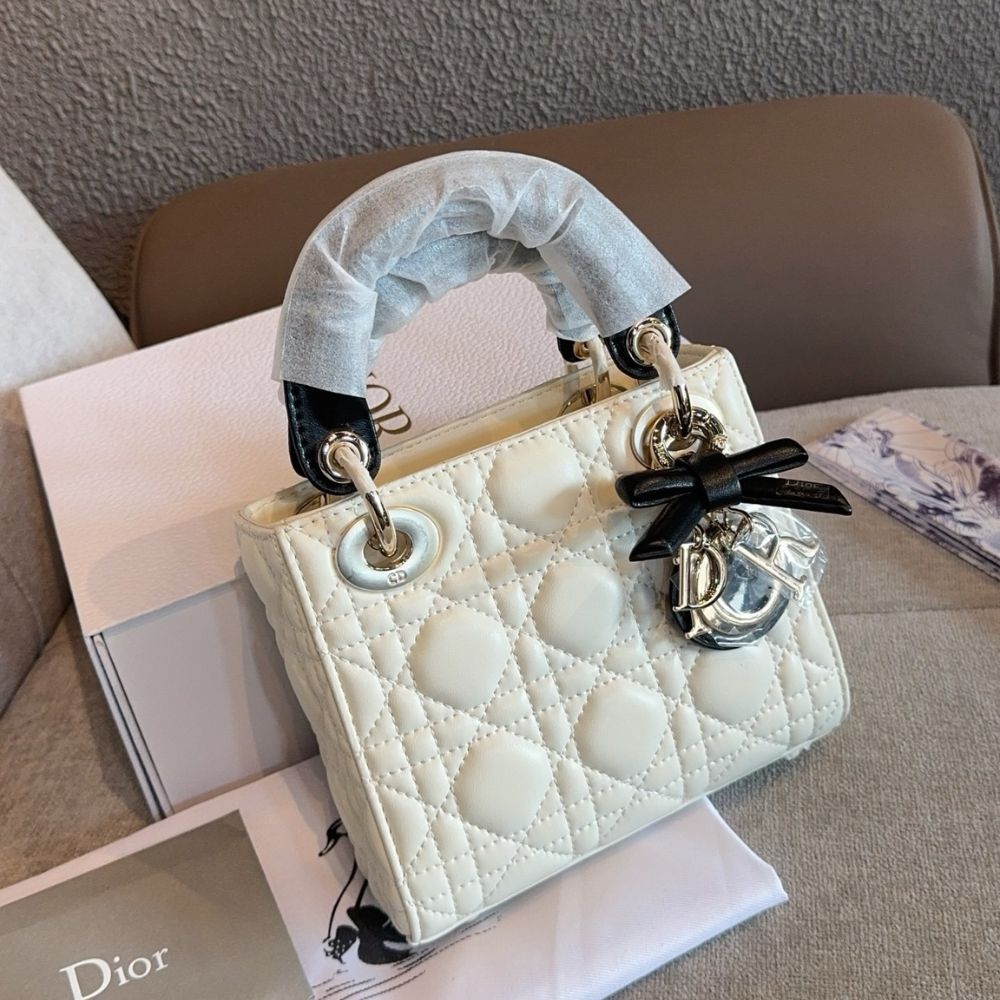 Dior Mini Lady Dior Bag With Chain White and Black 17Cm M0505PUQC M06E - Image 2