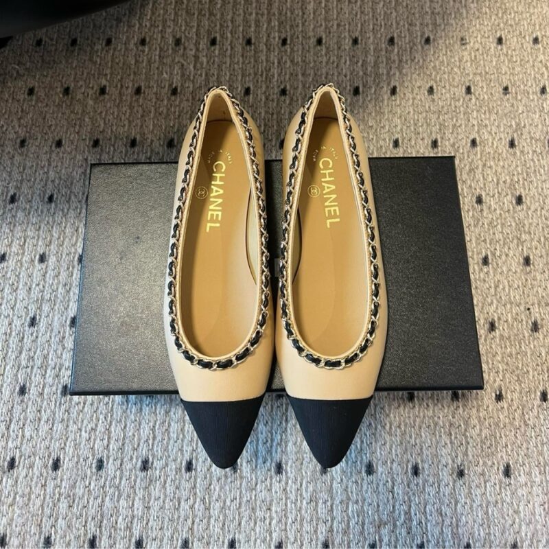 Alternative view of Chanel Leather And Fabric Cc Chain Link Ballet Flats Beige And Black