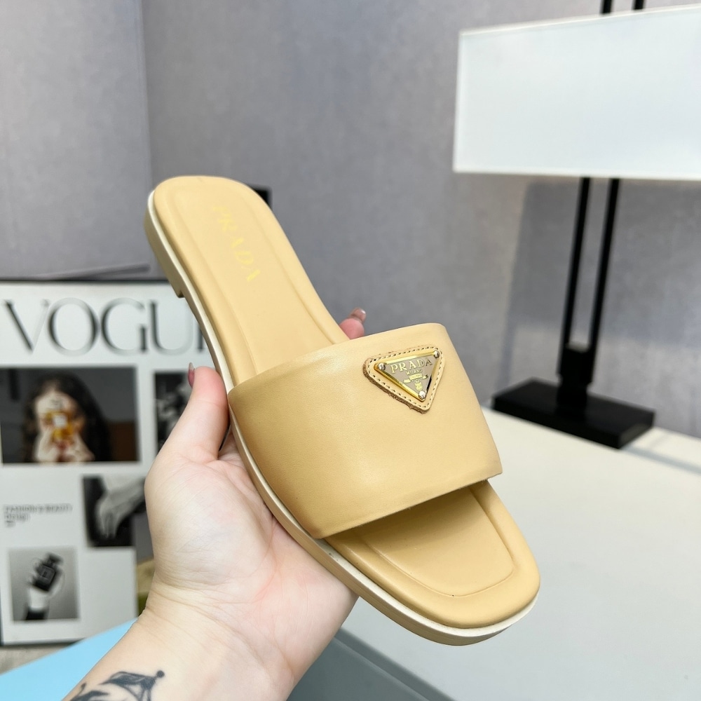 Prada Saffiano Patent Leather Slides Beige - Image 5
