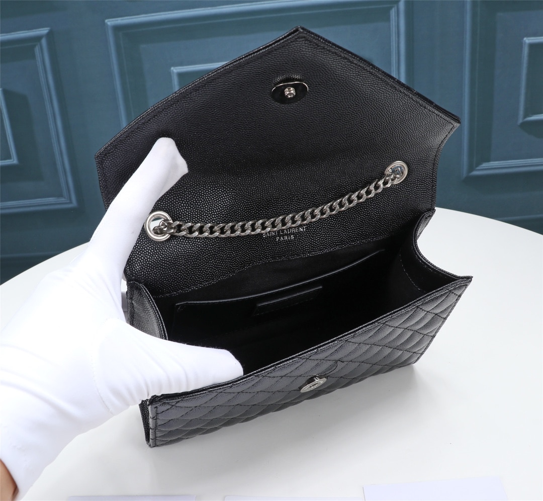 Saint Laurent Envelope Small In Quilted Grain De Poudre Embossed Leather Black Silver 21cm 600195BOW921000 - Image 4