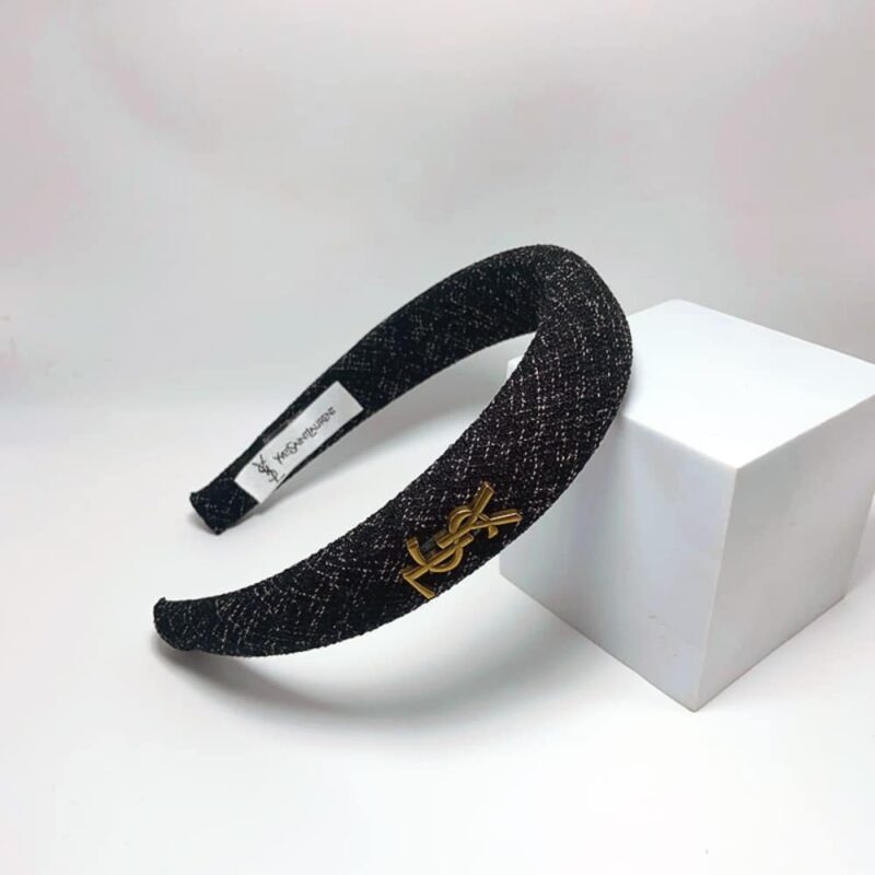 Alternative view of Saint Laurent Ysl Tweed Headband With Gold Hardware In Dark Grey