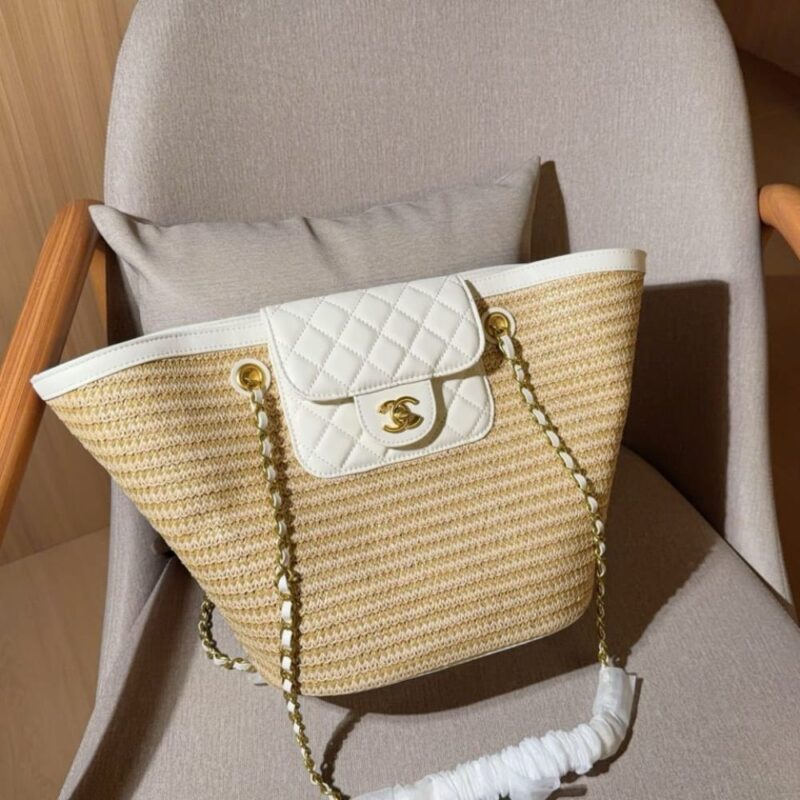 Alternative view of Chanel Braided Straw Small Tote Bag Beige White 25Cm