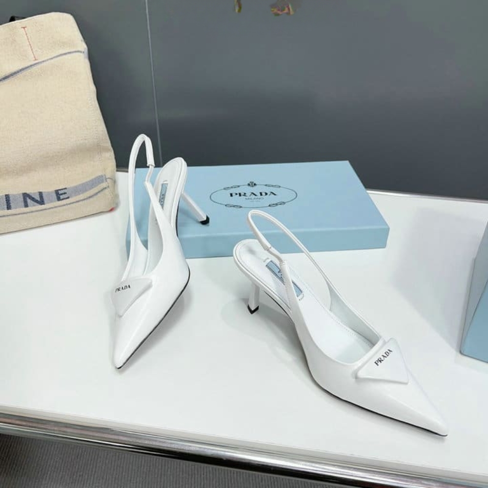 Prada Brushed Leather Slingback Pumps White 1I901M 055 F0009 F 075 - Image 5