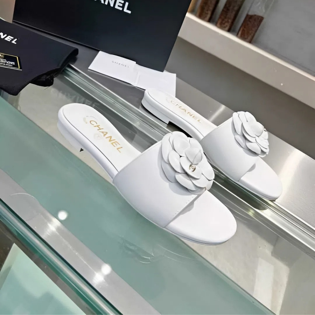 Chanel CC Mules With Camellia In White Slides - Image 2