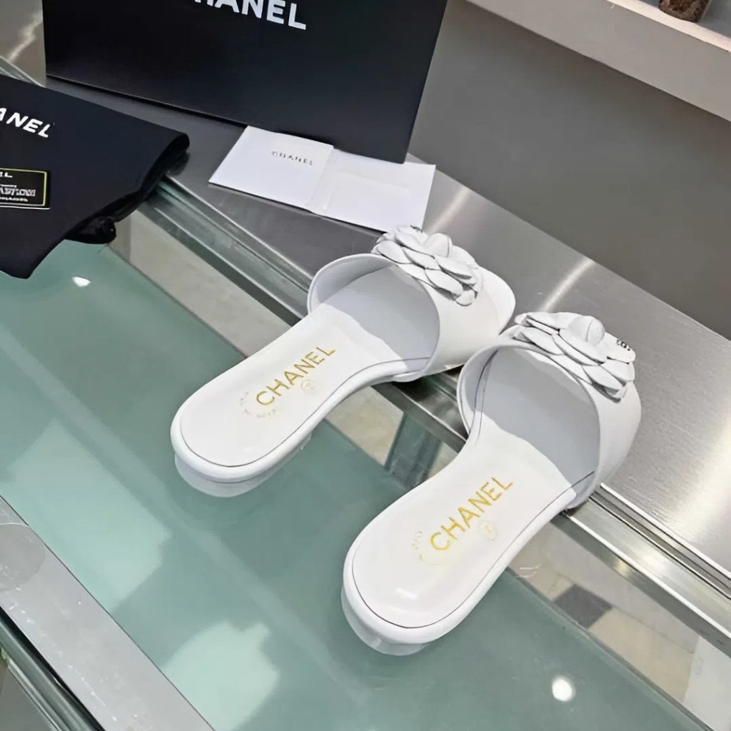 Chanel CC Mules With Camellia In White Slides - Image 5