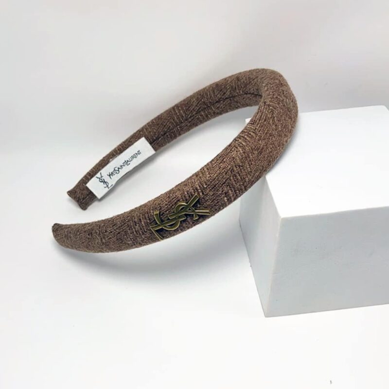 Alternative view of Saint Laurent Small Ysl Tweed Headband With Gold Hardware In Dark Brown