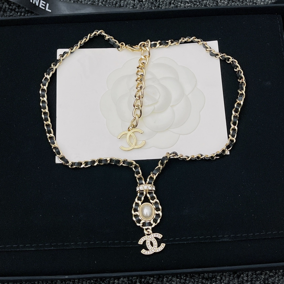 Chanel CC Necklace Leather Chain Pearl Crystal Drop Choker Gold Tone Black - Image 7