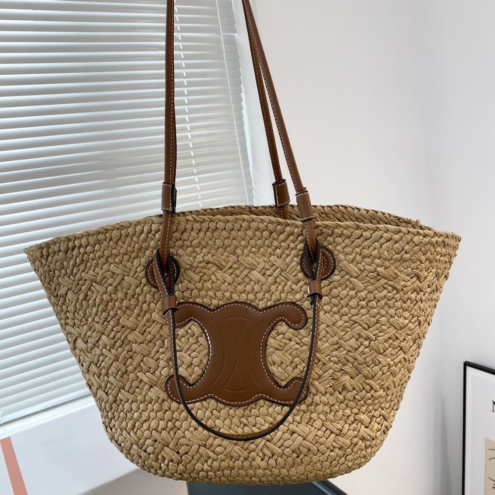 Summer Set: Celine Triomphe Panier In Raffia And Calfskin Tan And Sunglasses Metal Ovale Gold - Image 2