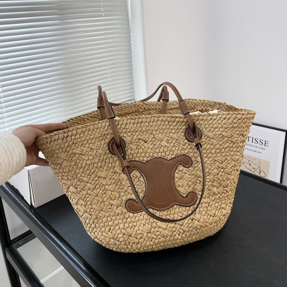 Summer Set: Celine Triomphe Panier In Raffia And Calfskin Tan And Sunglasses Metal Ovale Gold - Image 3