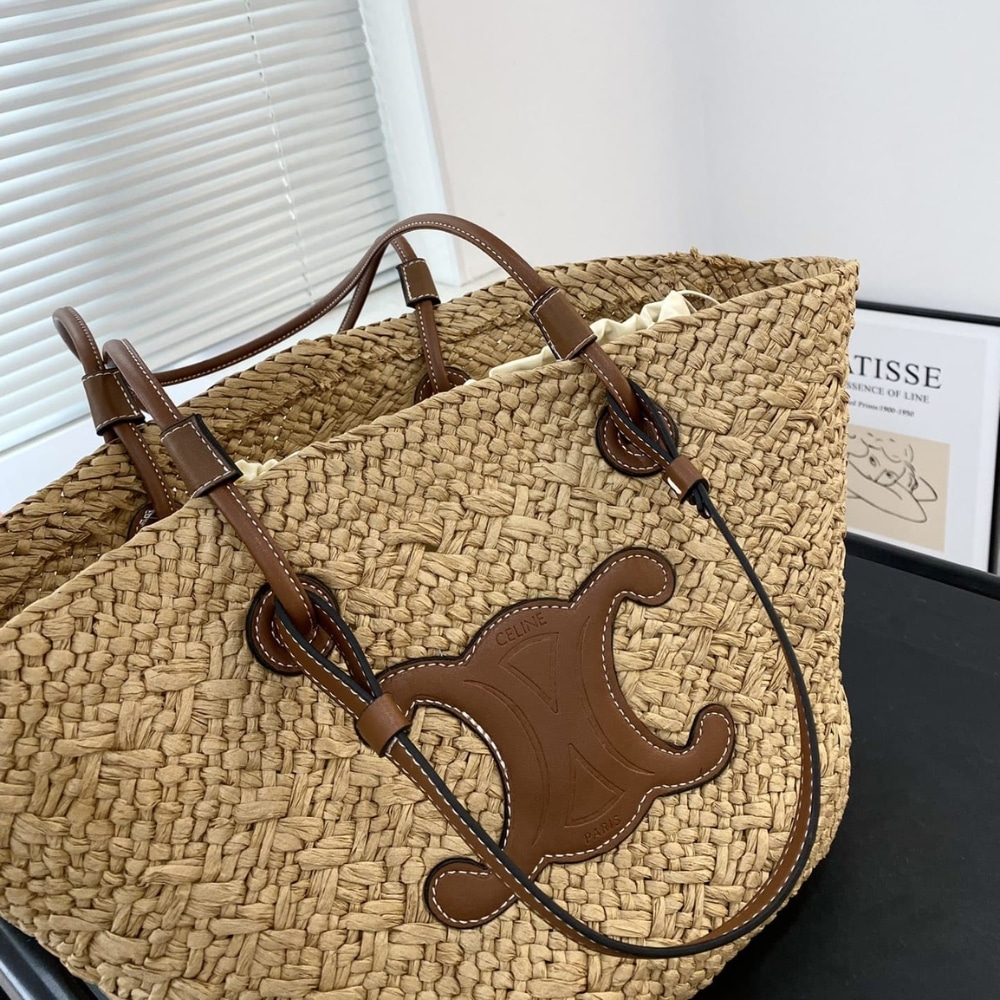Summer Set: Celine Triomphe Panier In Raffia And Calfskin Tan And Sunglasses Metal Ovale Gold - Image 4
