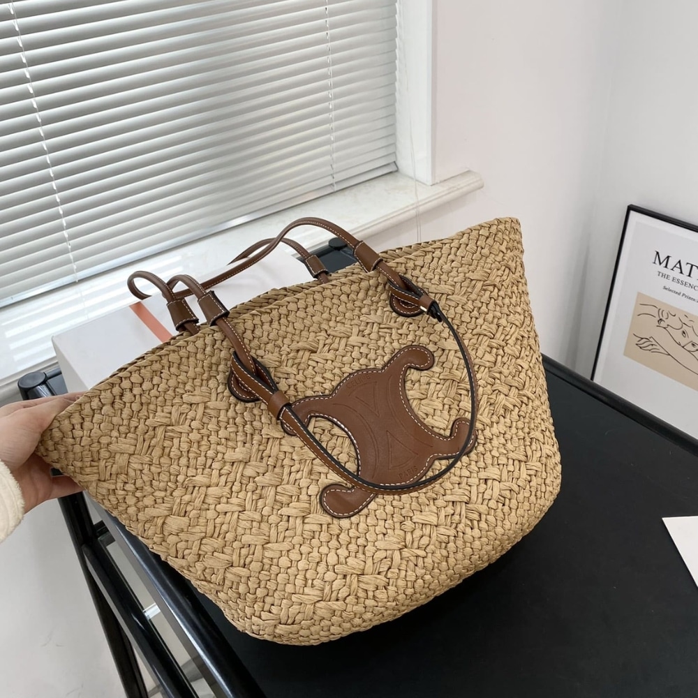 Summer Set: Celine Triomphe Panier In Raffia And Calfskin Tan And Sunglasses Metal Ovale Gold - Image 5