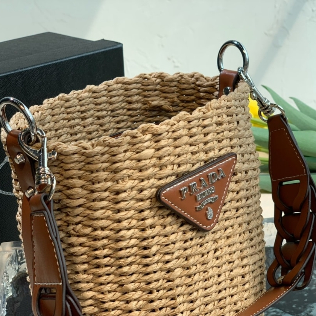 Prada Raffia Woven Bucket Bag Natural 21cm - Image 8