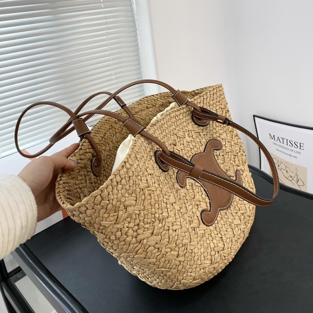 Summer Set: Celine Triomphe Panier In Raffia And Calfskin Tan And Sunglasses Metal Ovale Gold - Image 7