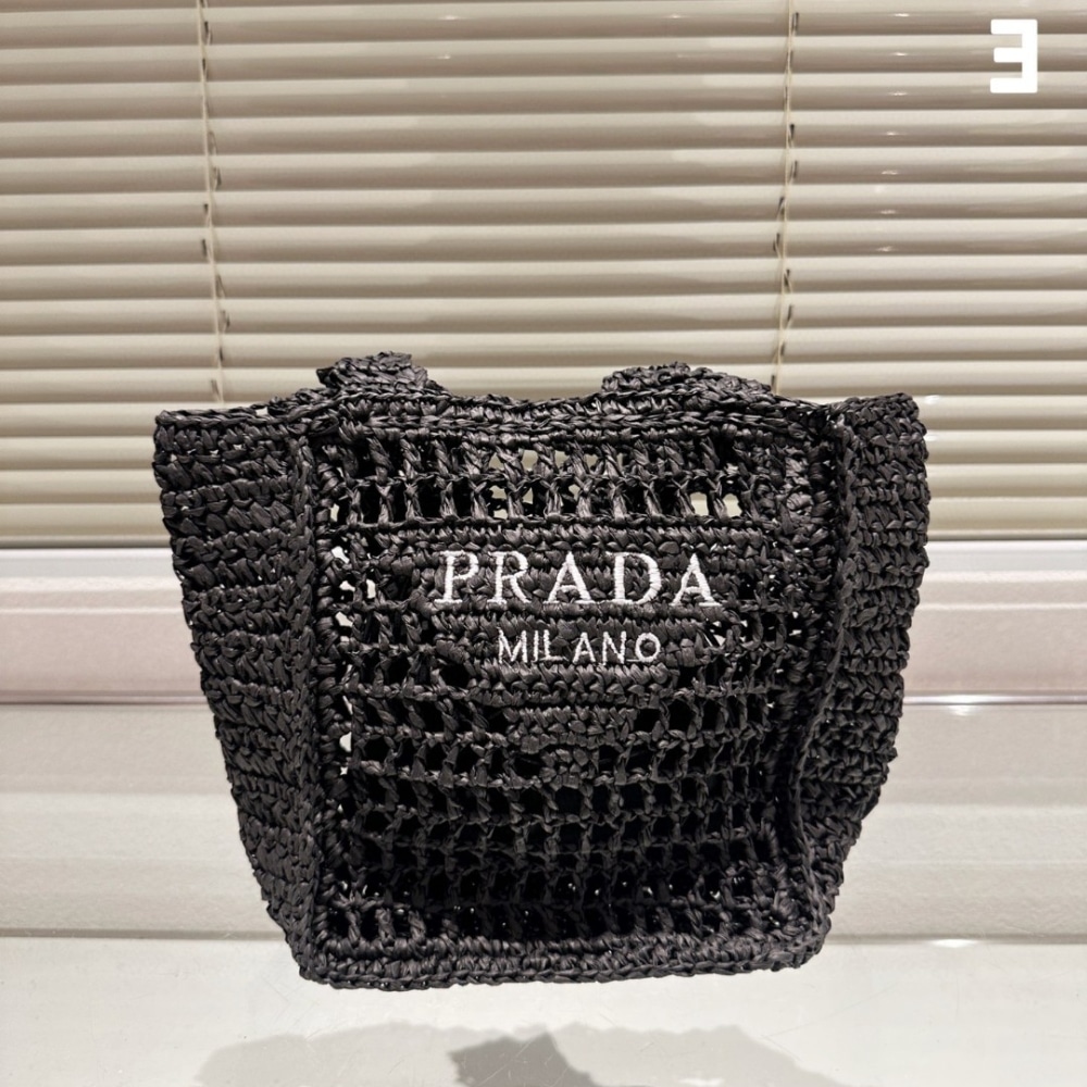 Summer Set: Prada Natural Raffia Logo Tote Black 18Cm And Raffia Crisscross Slides Black - Image 2