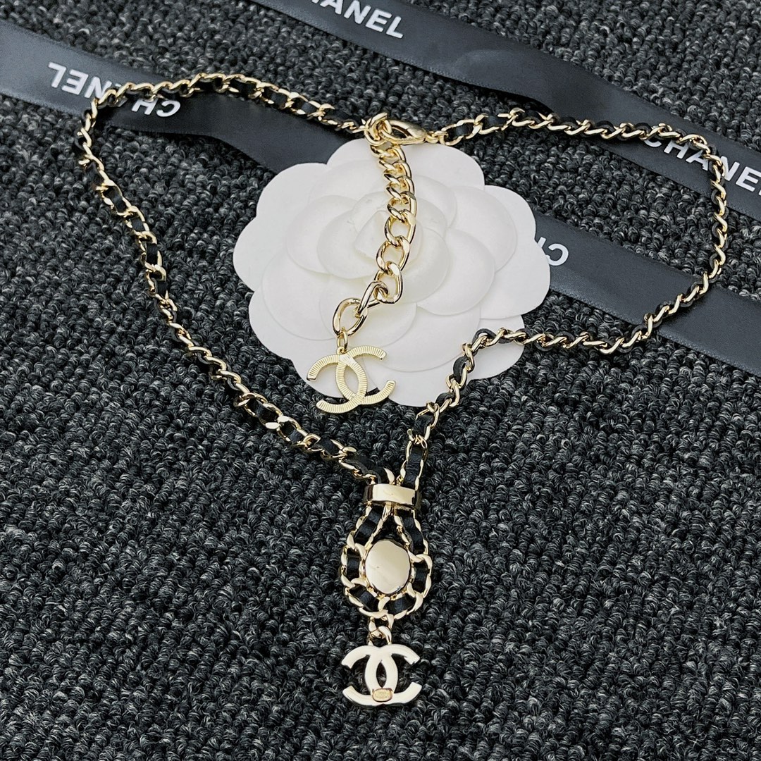 Chanel CC Necklace Leather Chain Pearl Crystal Drop Choker Gold Tone Black - Image 6