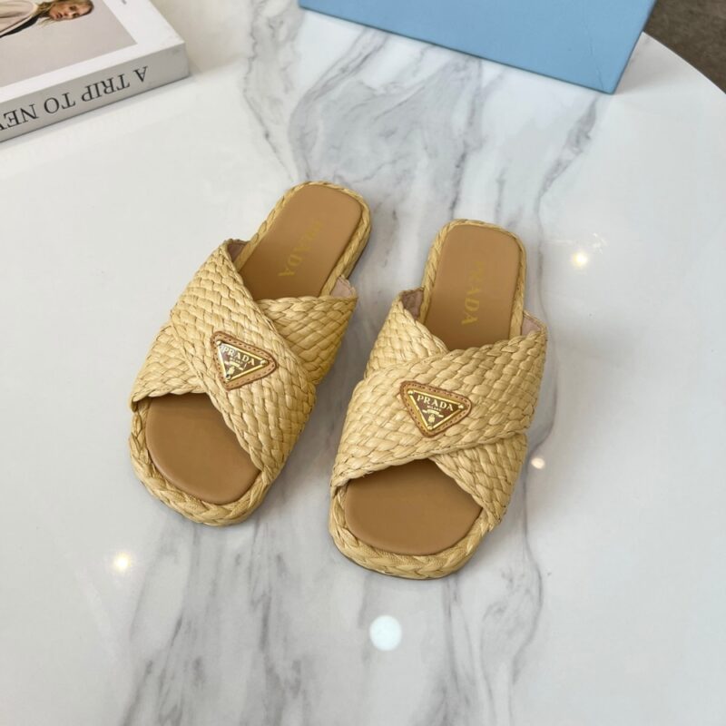 Alternative view of Prada Raffia Crisscross Slides Natural