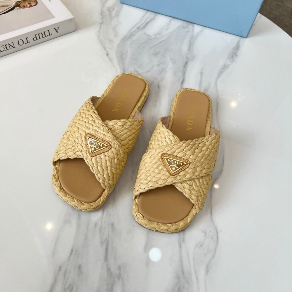 Prada Raffia Crisscross Slides Natural - Image 2
