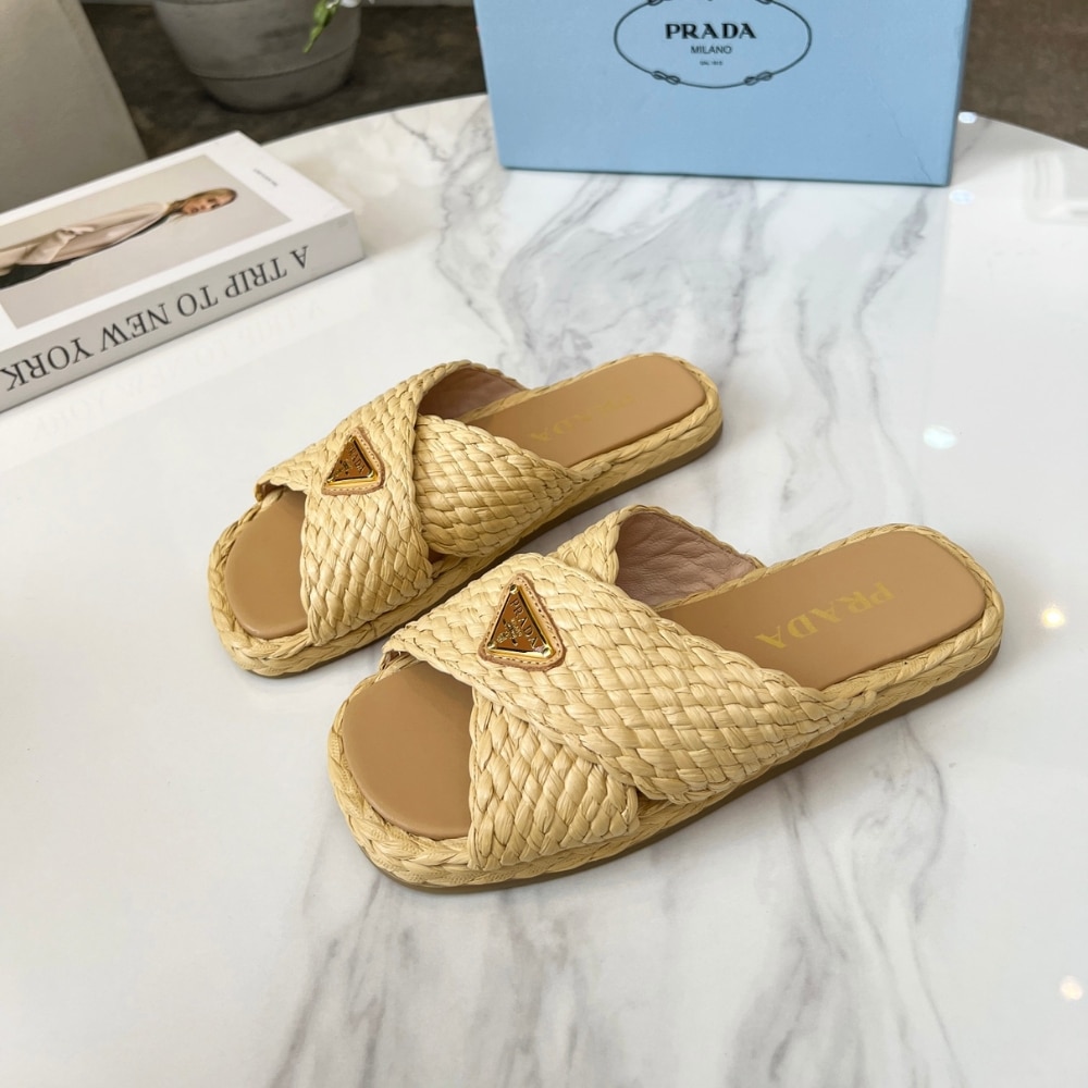 Summer Set: Prada Raffia Grass Small Crochet Tote Bag Natural 22Cm And Raffia Crisscross Slides Natural - Image 9