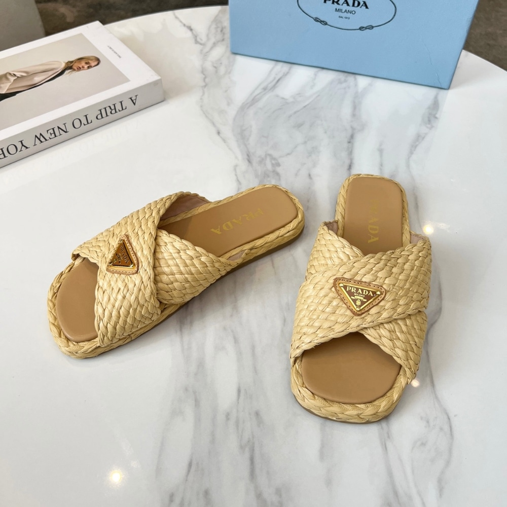 Prada Raffia Crisscross Slides Natural - Image 4