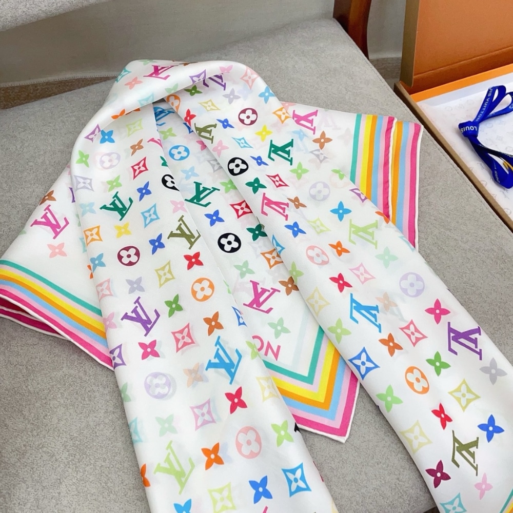 Louis Vuitton X Murakami Monogram Multicolor Scarf White 90Cm M94967 - Image 4