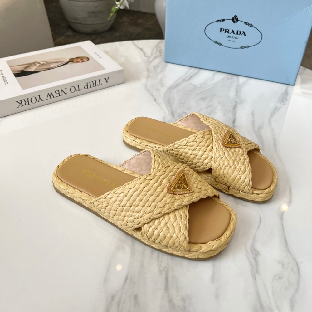 Prada Raffia Crisscross Slides Natural - Image 5
