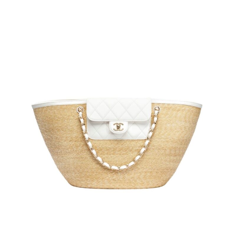 Chanel Braided Straw Small Tote Bag Beige White 25Cm