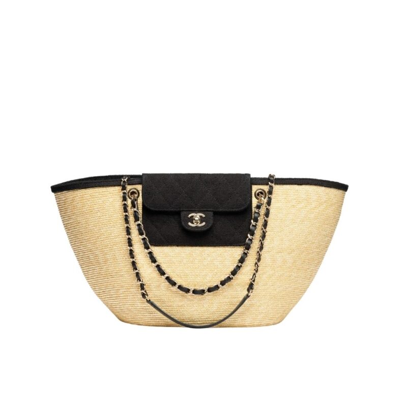 Chanel Braided Straw Small Tote Bag Beige Black 25Cm