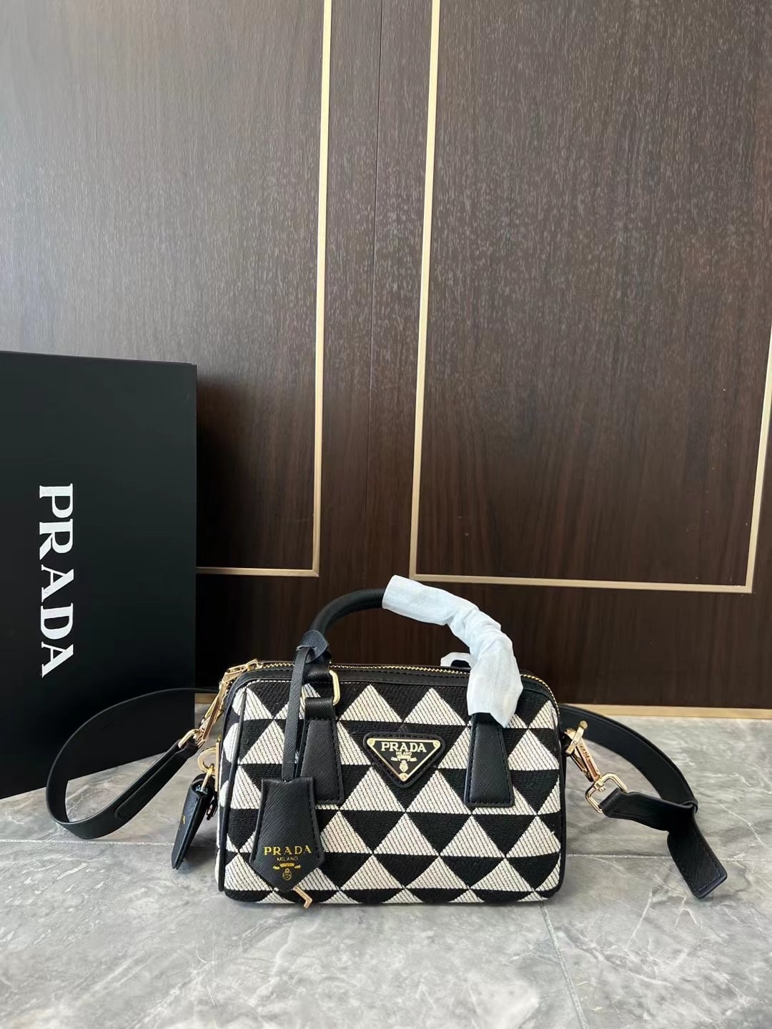 Prada Symbole Embroidered Fabric Top Handle Bag Black 20Cm 1Bb846 2Fkl F0Y30 V Xoo - Image 2
