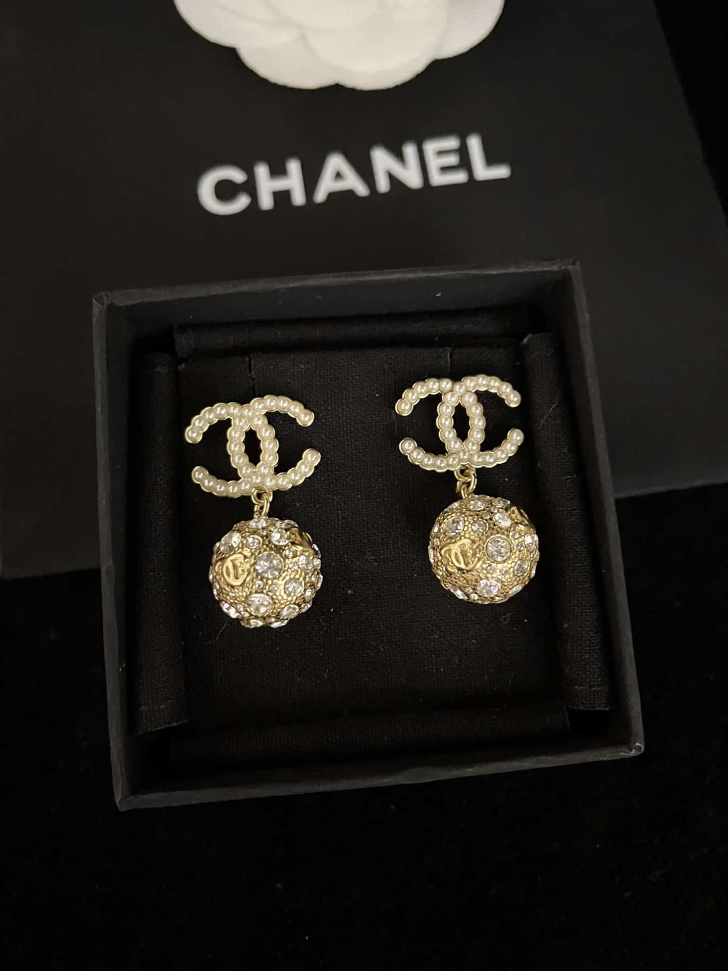 Chanel New Cc Gold Ball Crystal Pearl Drop Earrings - Image 2