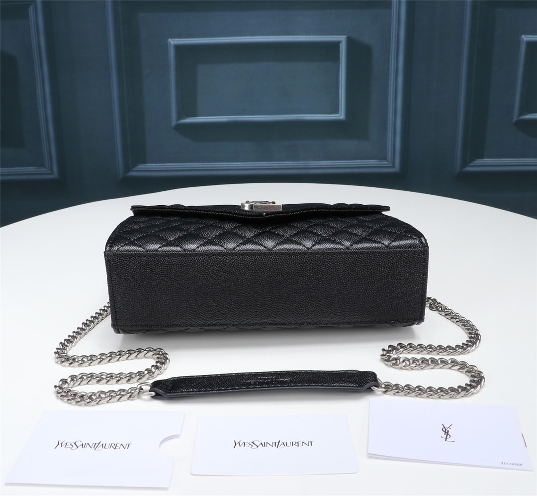 Saint Laurent Envelope Small In Quilted Grain De Poudre Embossed Leather Black Silver 21cm 600195BOW921000 - Image 5