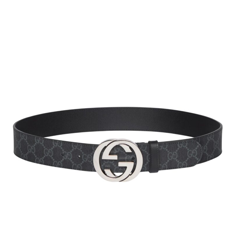 Gucci Gg Supreme Belt With Interlocking G Buckle Black Grey 411924 Kgdhx 8449