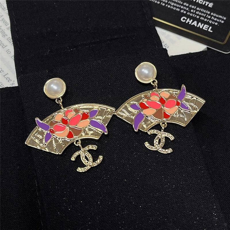 Alternative view of Chanel Fan Floral Enamel Pearl Drop Earrings Multicolour Abf930 B21130 U2139