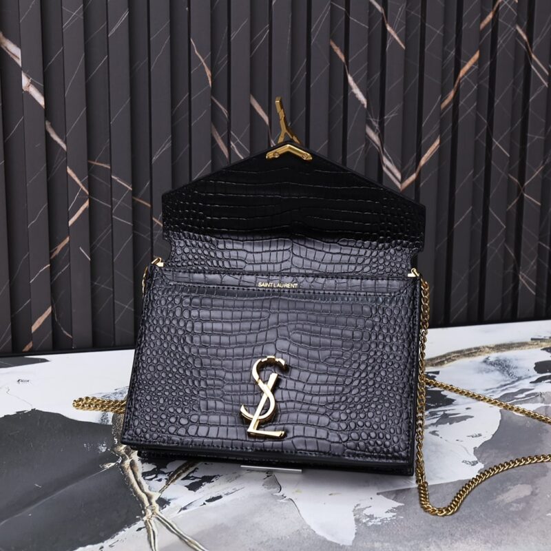Alternative view of Saint Laurent Cassandra Croc-Embossed Shiny Leather Cross-Body Bag Black