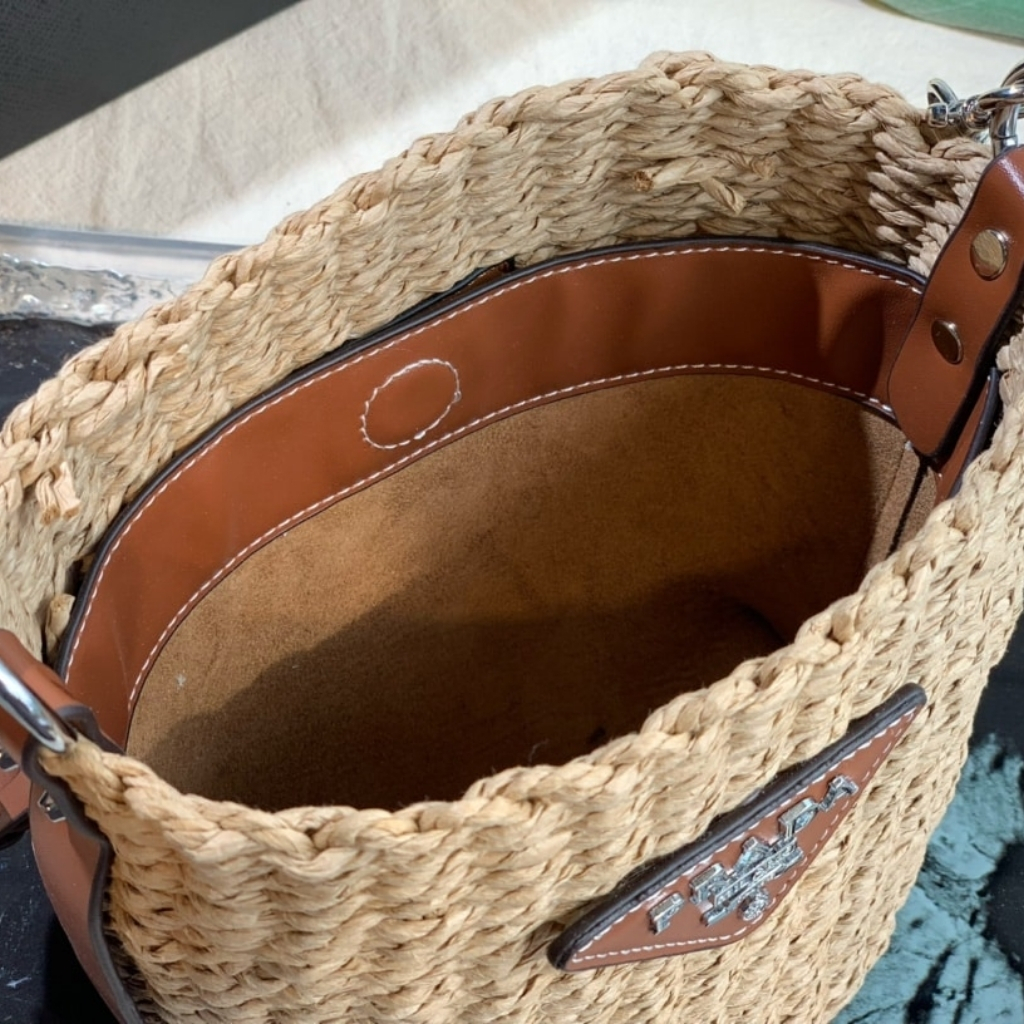 Prada Raffia Woven Bucket Bag Natural 21cm - Image 6