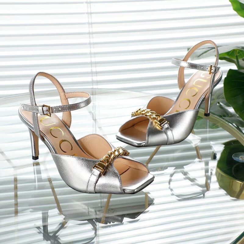 Alternative view of Gucci Metal Chain Stiletto Heels Flip Flop Fish Mouth Sandals Sliver