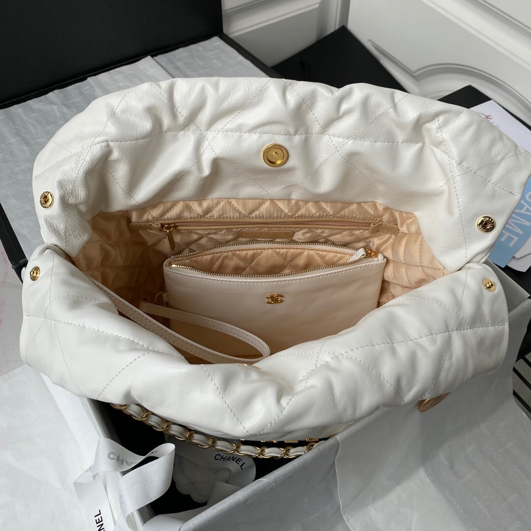 Chanel 22 Handbag Shiny And Gold Tone Metal White 42Cm AS3261 - Image 4