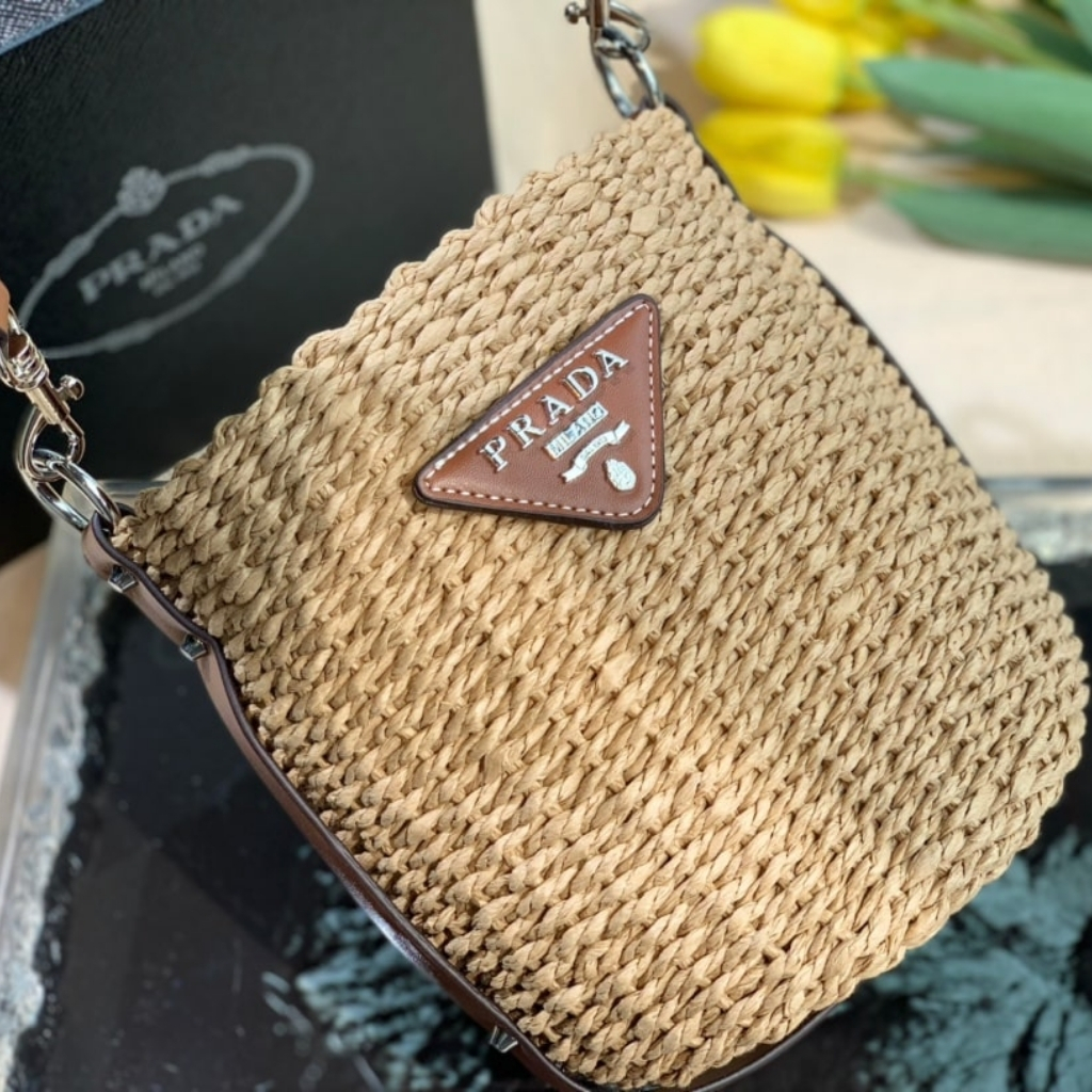 Prada Raffia Woven Bucket Bag Natural 21cm - Image 5